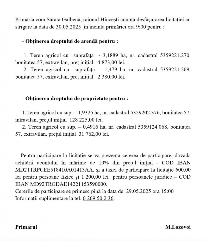 Anunț referitor la licitația cu strigare